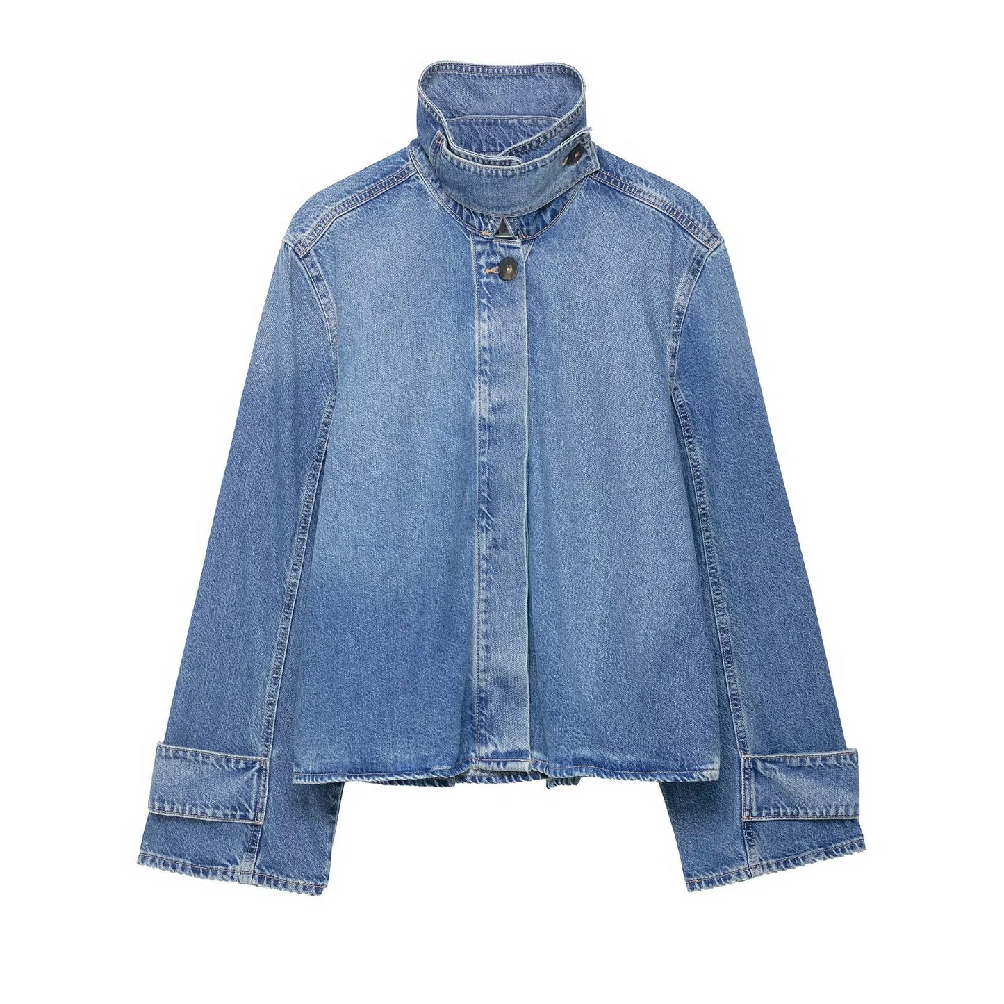 European and American style spring new women's clothing new style hidden button high neck long sleeved denim jacket jacket
