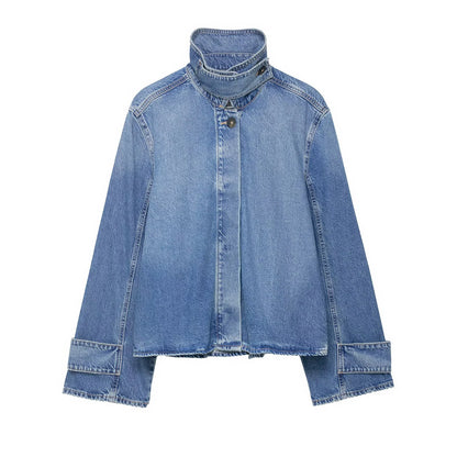 European and American style spring new women's clothing new style hidden button high neck long sleeved denim jacket jacket