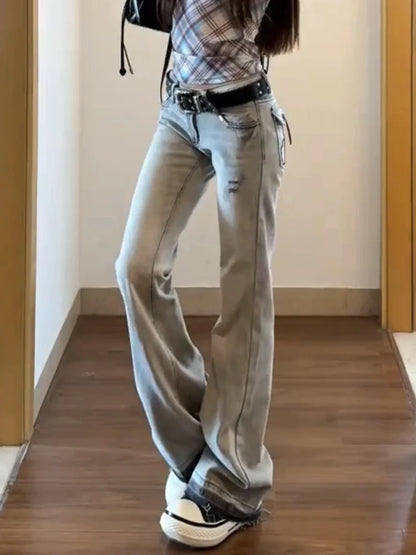 Women's Low Rise Jeans Embroidered Flared Denim Pants American Retro Y2k High Street Bell Bottom Jeans Harajuku 2000s Korean New