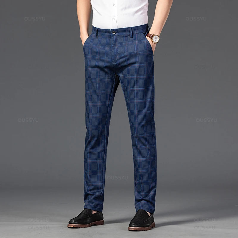 2024 New Men's Casual Plaid Pants Business Casual Slim Fit Black Blue Red Khaki Classic Style Trousers Male Brand Luxury Clothes