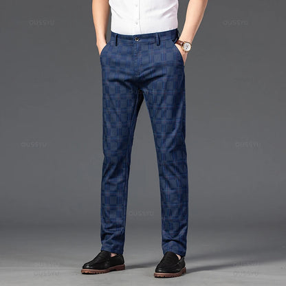 2024 New Men's Casual Plaid Pants Business Casual Slim Fit Black Blue Red Khaki Classic Style Trousers Male Brand Luxury Clothes
