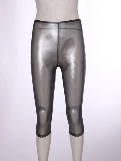 Womens Metallic Shiny Slim Fit Capri Pants Semi-transparent Capri Leggings Elastic High Waist Tights Shiny Cover-up Rave Pants