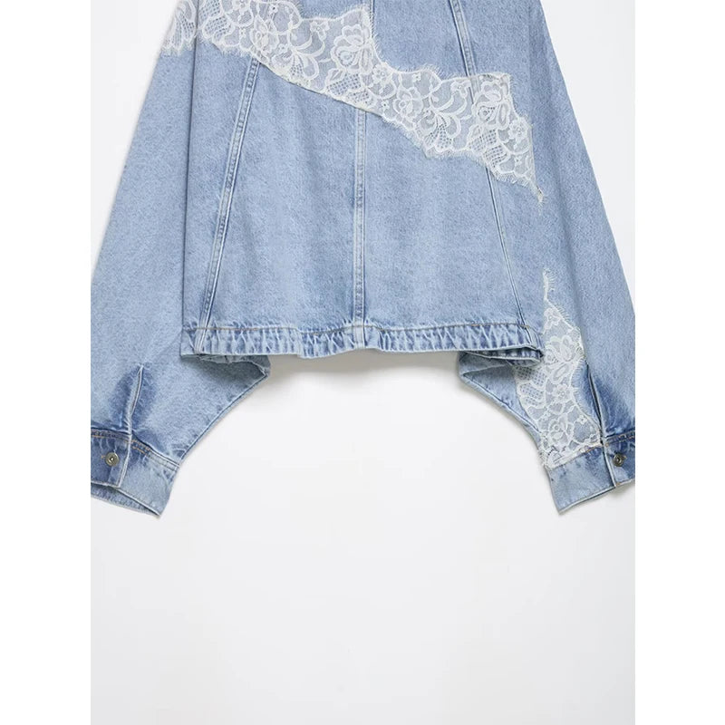 YENKYE New 2026 Women's Light Blue Lace Patchwork Cropped Denim Jacket Front Button Long Sleeve Loose Coat Streetwear