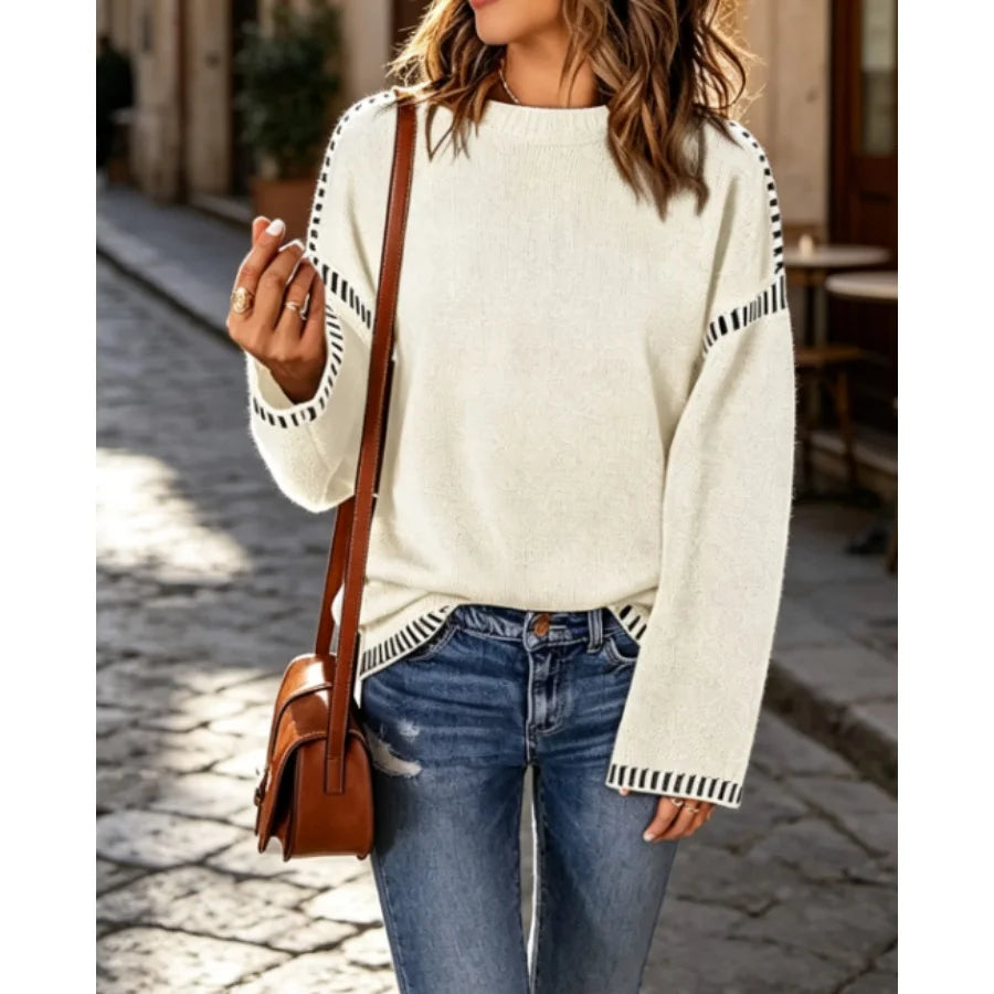 Sweaters For Women Fashion Solid Crewneck Pullover Loose Fit Long Sleeve Contrast Cable Knit Sweater Jumper Top