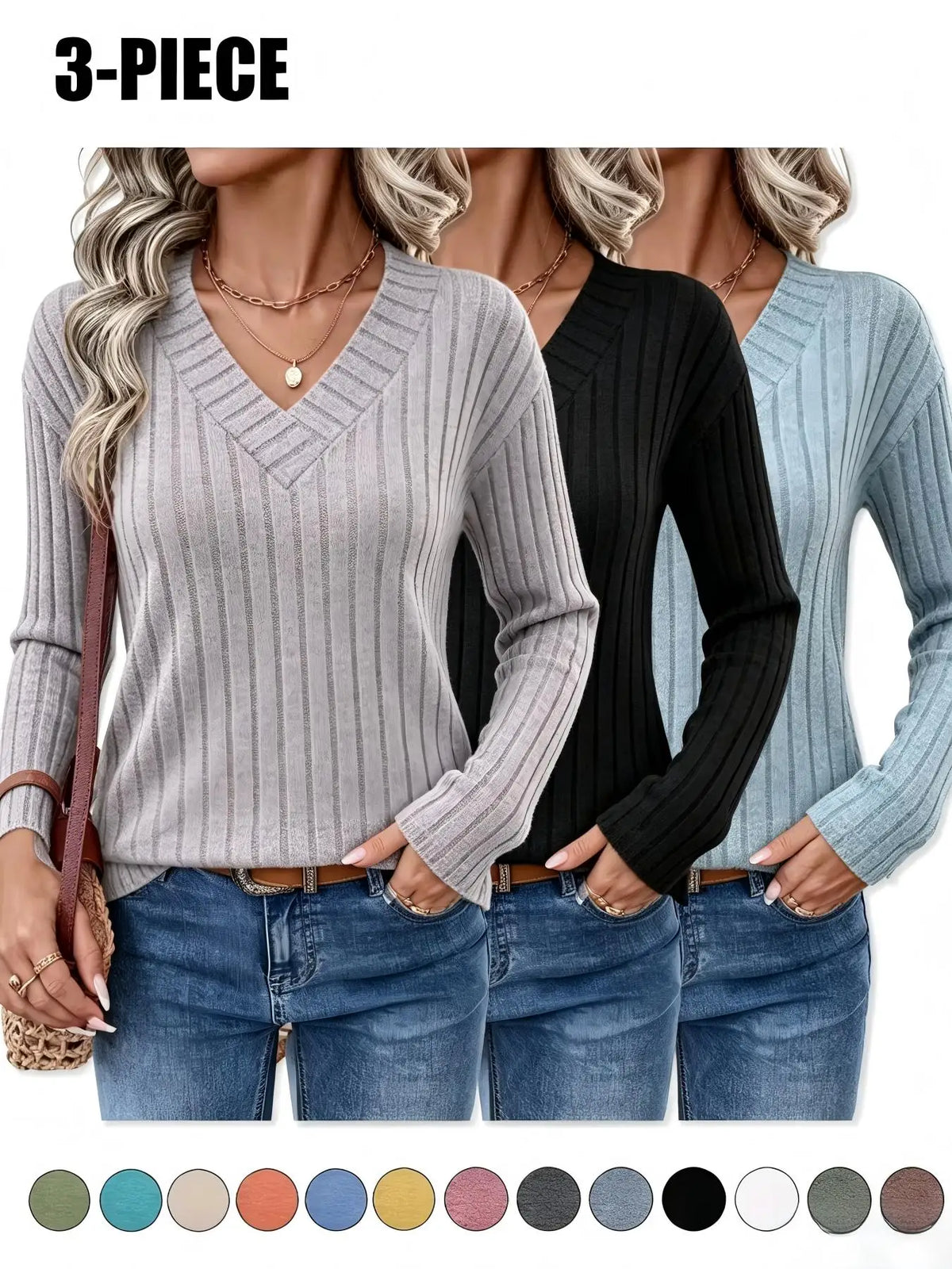 Women's 3-Pack Ribbed Knit V-Neck Sweaters Tops New Fall Fashion 2026 for Women