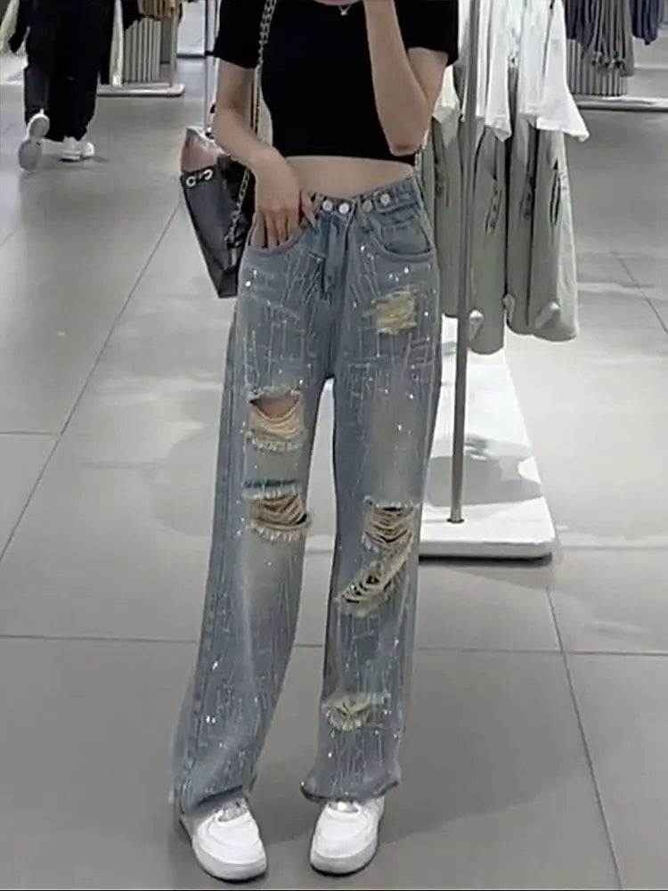 Female Cowboy Pants with Rhinestones Women's Torn Jeans High Waist Shot Wide Leg Trousers