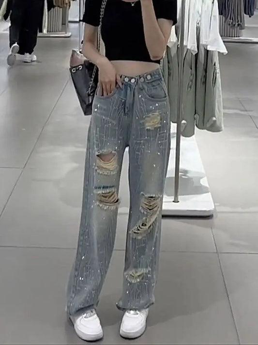 Female Cowboy Pants with Rhinestones Women's Torn Jeans High Waist Shot Wide Leg Trousers