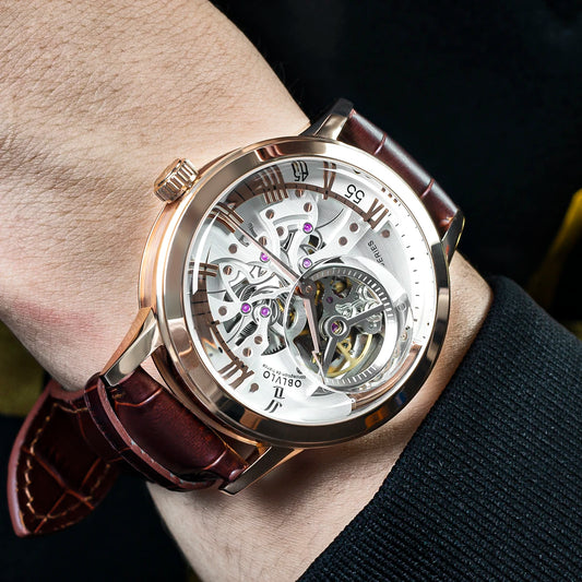 OBLVLO Luxury Retro Casual Men Skeleton Automatic Watches Mechanical Calfskin Strap Mineral Crystal Glass Waterproof Dial 45 VM