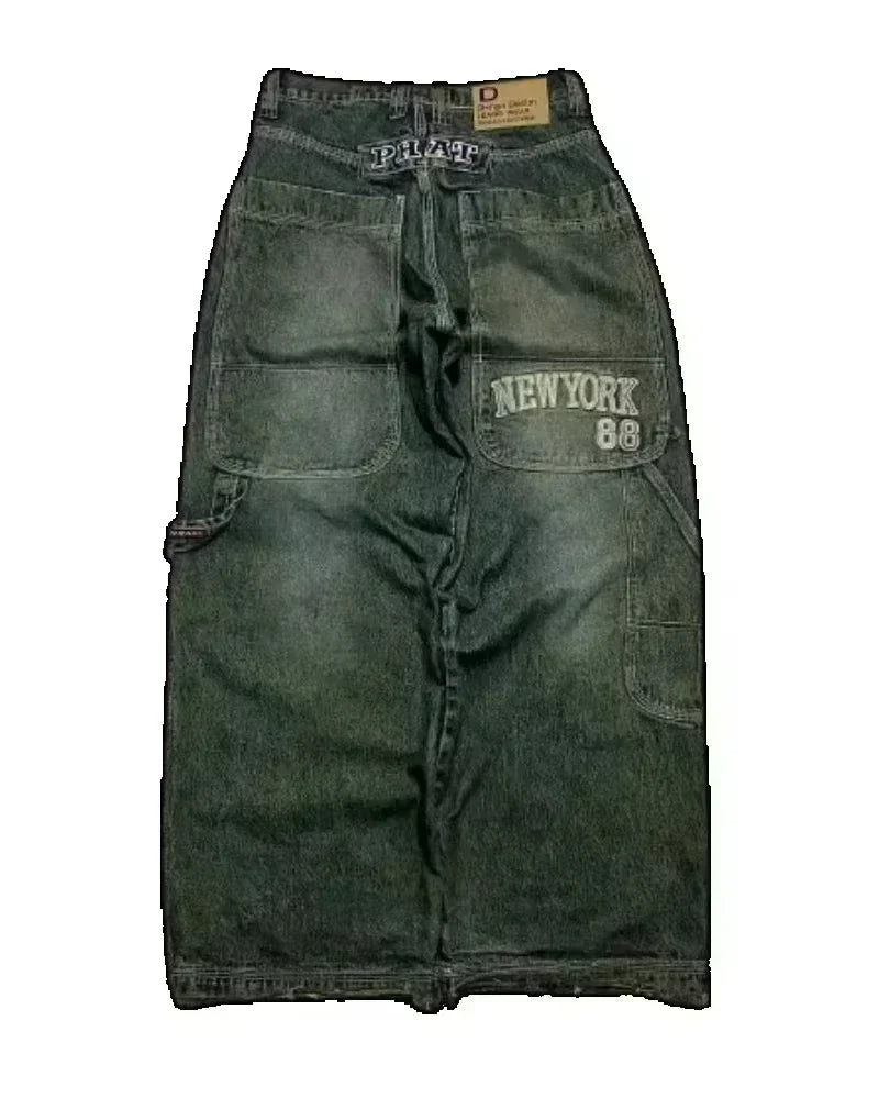 Street Fashion Trend Skull Embroidered Jeans Women Straight Wide-leg Pants Couple Casual Jeans