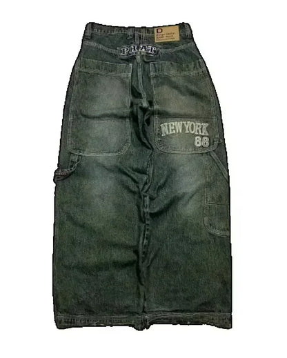 Street Fashion Trend Skull Embroidered Jeans Women Straight Wide-leg Pants Couple Casual Jeans