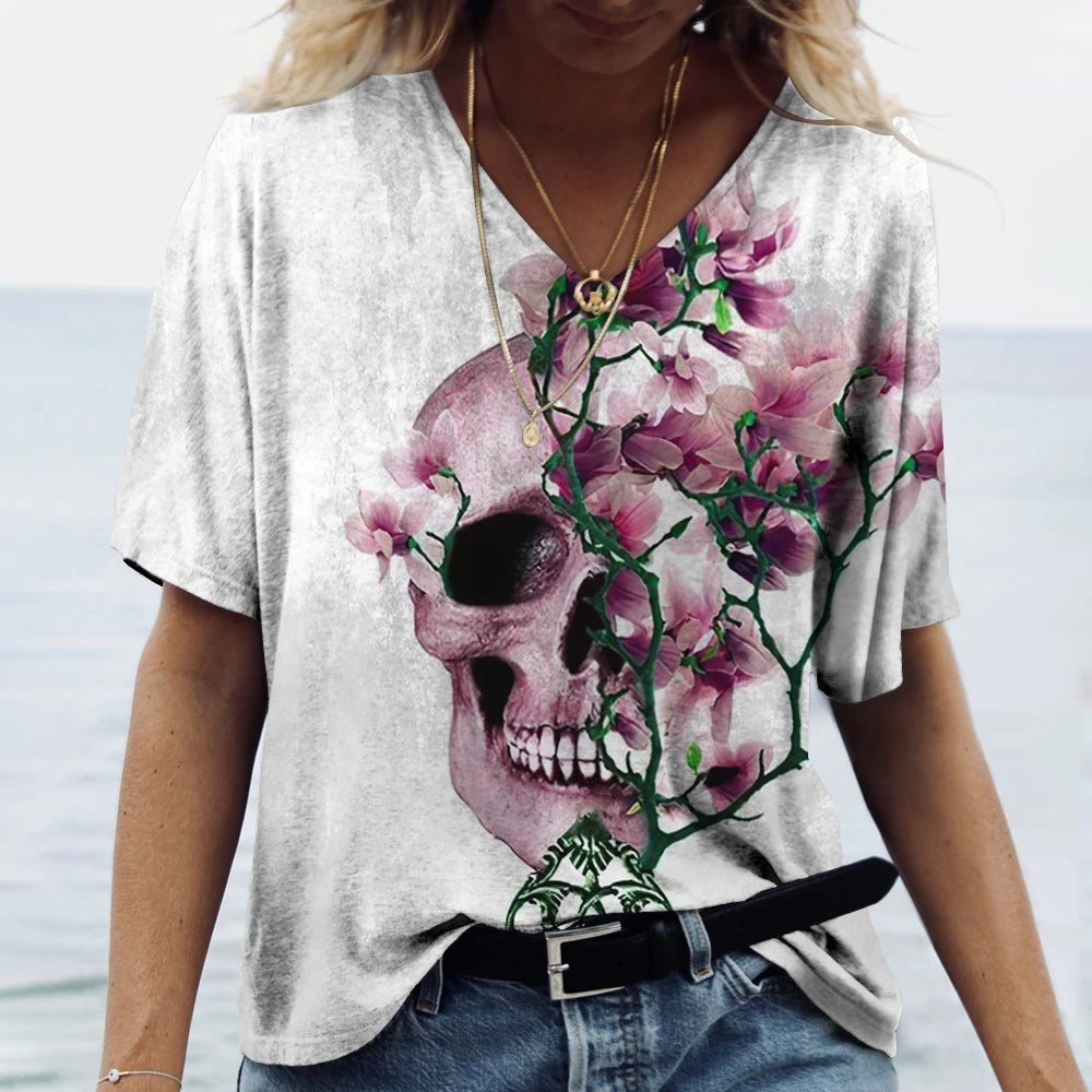 Skulls T-shirt Women's Shirt Fashion Short Sleeve New Casual Top Tee Ladies Girl Clothing V Neck T Shirt For Women