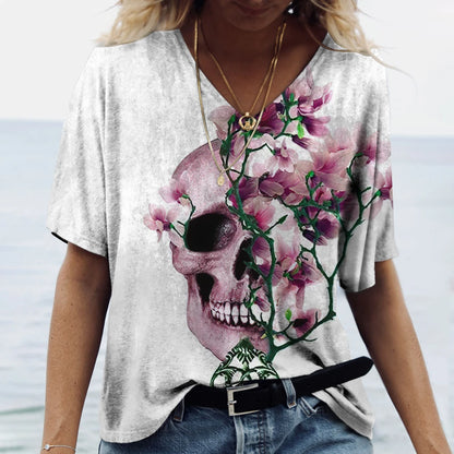 Skulls T-shirt Women's Shirt Fashion Short Sleeve New Casual Top Tee Ladies Girl Clothing V Neck T Shirt For Women