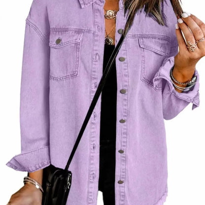 Autumn Winter New Women's Outerwear Denim Shirt Jacket Washed Finish Distressed Hem Single Row Buttons Pockets Street Fashion