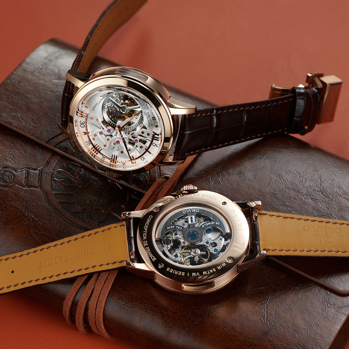 OBLVLO Luxury Retro Casual Men Skeleton Automatic Watches Mechanical Calfskin Strap Mineral Crystal Glass Waterproof Dial 45 VM