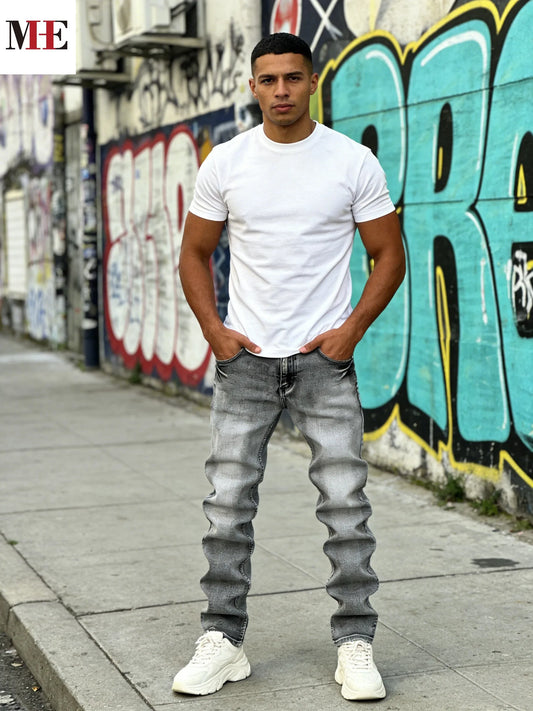 【HME】Men's jeans | Minimalist retro street grey washed denim pants with well-proportioned slim straight cut, wear-resistant breathable denim cloth, timeless basic design, essential wardrobe pants for men's everyday casual