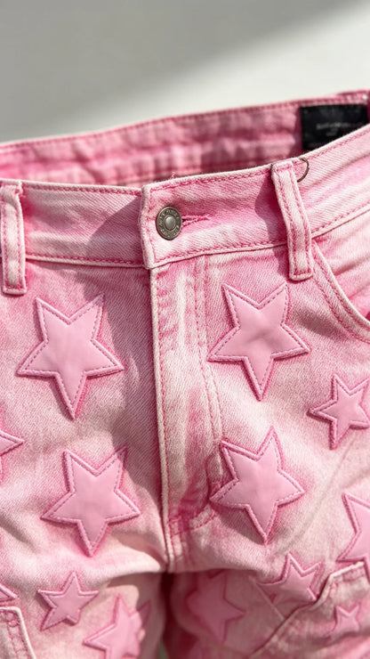 Y2K New Fashion Pink Pattern Patch Loose Jeans Women Gothic Harajuku Hip Hop Casual Joker Wide Leg Denim Trousers
