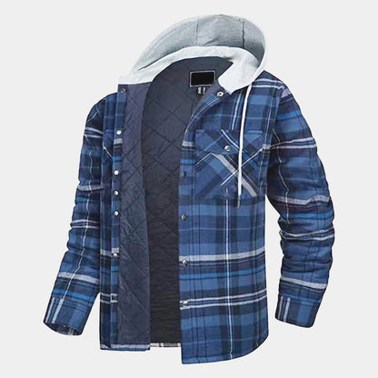 Men'S Flannel Shirt Jacket Plaid Quilted Lined Drawstring Winter Casual Coats Thick Hoodie Outwear Man Fleece Shirts Jacket