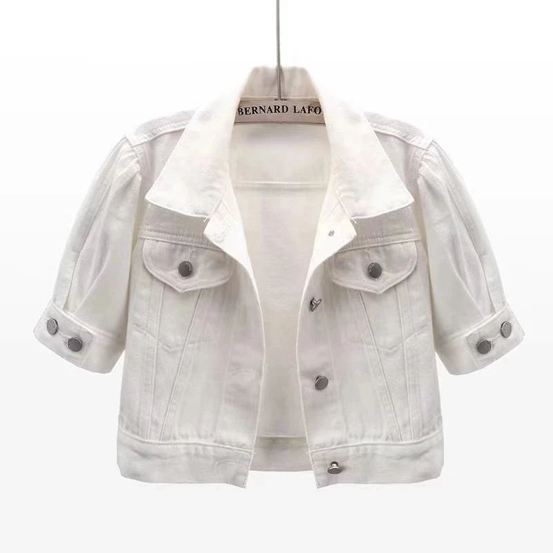 Summer White Short Women Denim Jacket Thin Slim Outerwear Half Sleeve Jeans Jackets Female