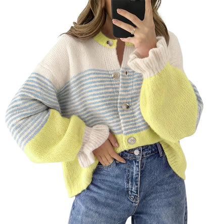 Womens Fall Striped Loose Cardigan Sweaters Ruffle Sleeve Button Up Color Block Sweater Coats