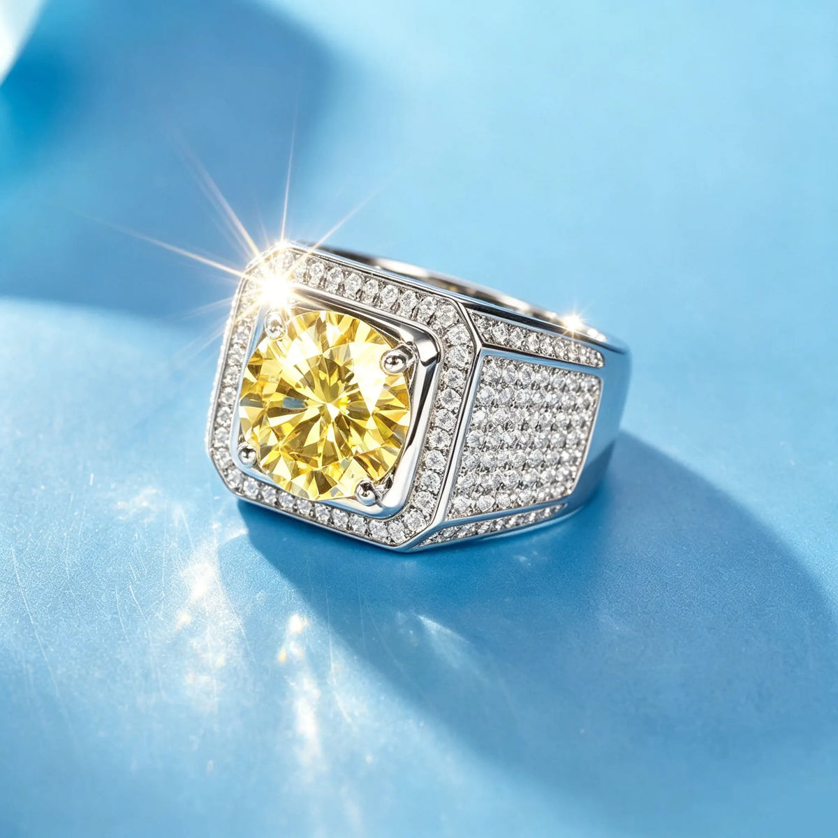 925 silvers yellow moissanite wide ring, starry sky classic men's ring, jewelry, geometric fashion,