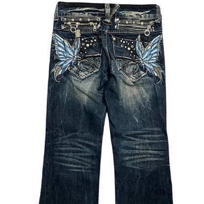 Embroidered Women Jeans Y2K Millennium Harajuku Slim Flared Jeans American Fashion High Street Large Size Butterfly