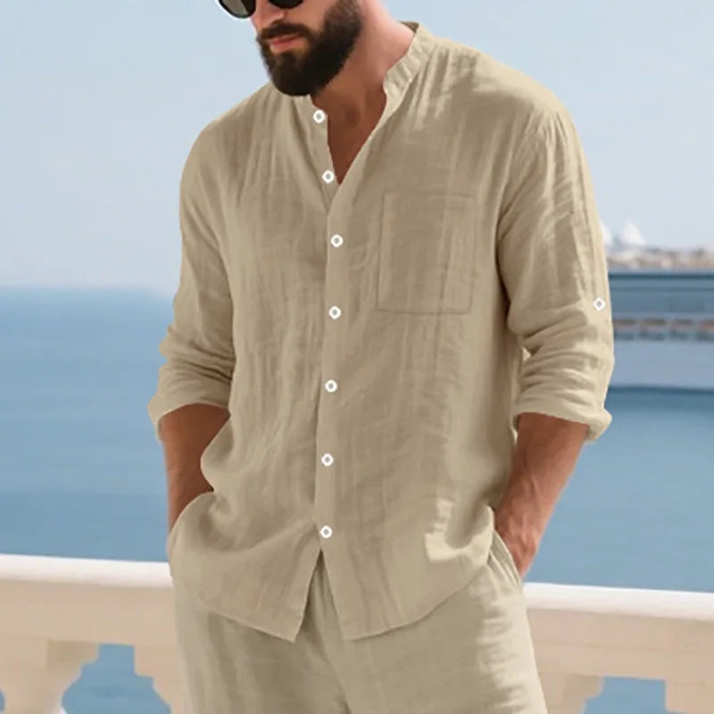 Men White Linen Button Down Long Sleeve Shirt Mandarin Collar Chest Pocket Roll Tab Cuff Loose Oversized Breathable Textured Beach Vacation Casual Holiday Top