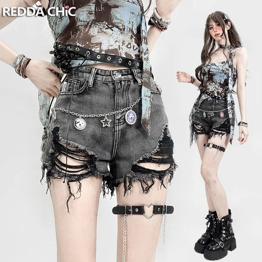 REDDACHiC 2000s Distressed Women Denim Shorts Destroyed Black Frayed High Waist Short Pants Trendy Summer Punk Grunge Streetwear