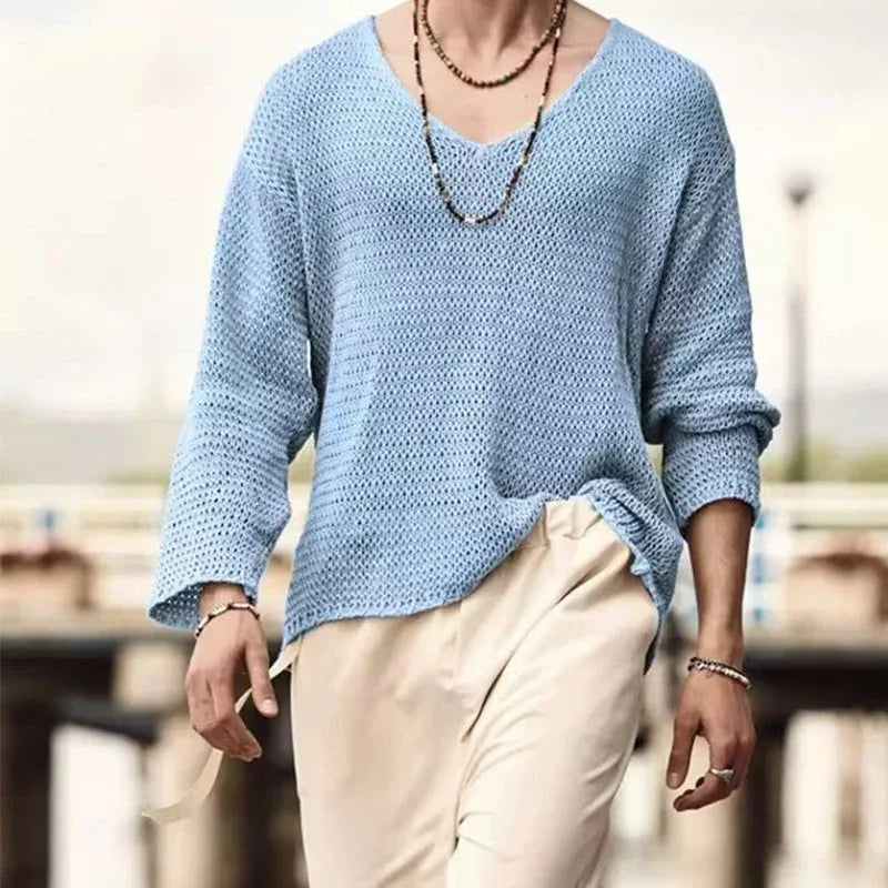 Men's Loose Long Sleeve Casual Hollow Knitted Sweater 2025 Fashion Versatile Outer Shirt Casual Top