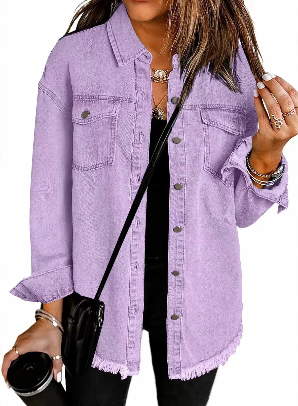 Autumn Winter New Women's Outerwear Denim Shirt Jacket Washed Finish Distressed Hem Single Row Buttons Pockets Street Fashion