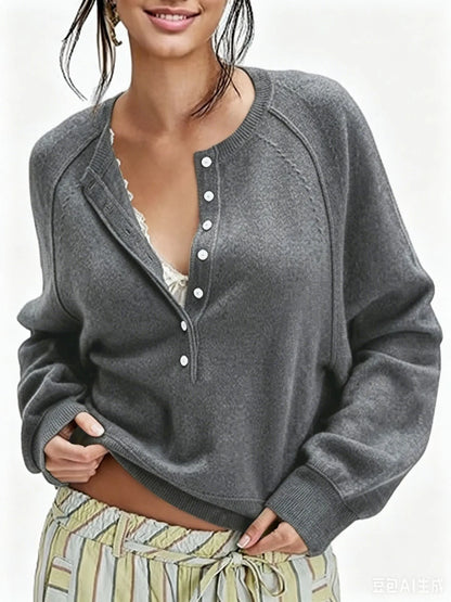 Women's Long-Sleeve Knitted Sweater, Half-Button Design, Henley Collar, Casual Style, lightweight Material, Solid Color Pullover Knitwear.