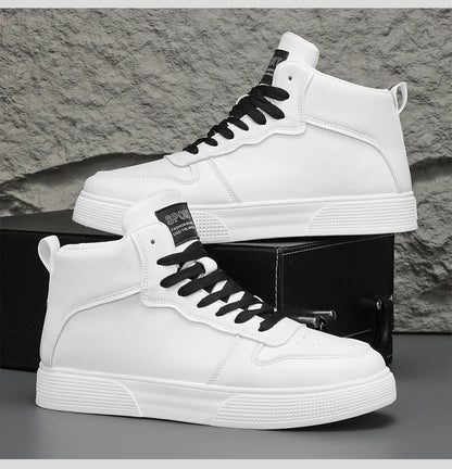 Men's Spring-Autumn New Style High-Top Canvas Shoes Trendy Height-Adding Lace-Up Multi-Functional White Sneakers Flat Shoes Men'