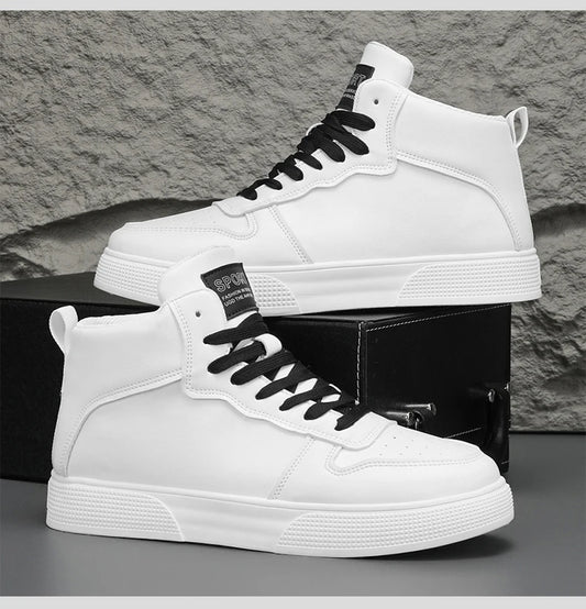 Men's Spring-Autumn New Style High-Top Canvas Shoes Trendy Height-Adding Lace-Up Multi-Functional White Sneakers Flat Shoes Men'