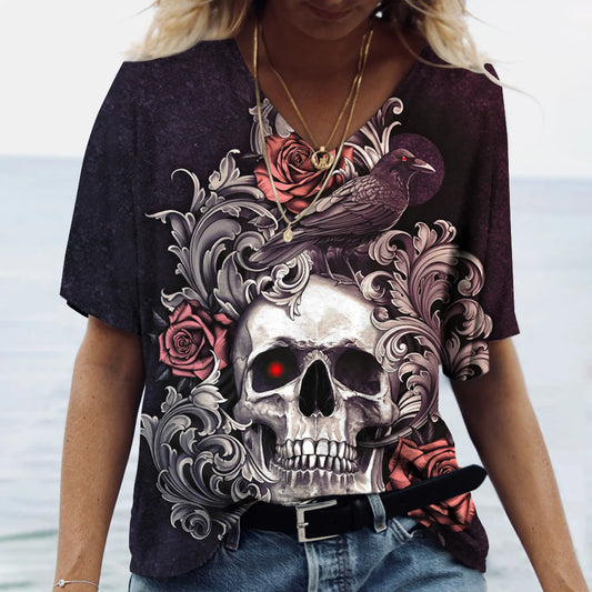 Skulls T-shirt Women's Shirt Fashion Short Sleeve New Casual Top Tee Ladies Girl Clothing V Neck T Shirt For Women