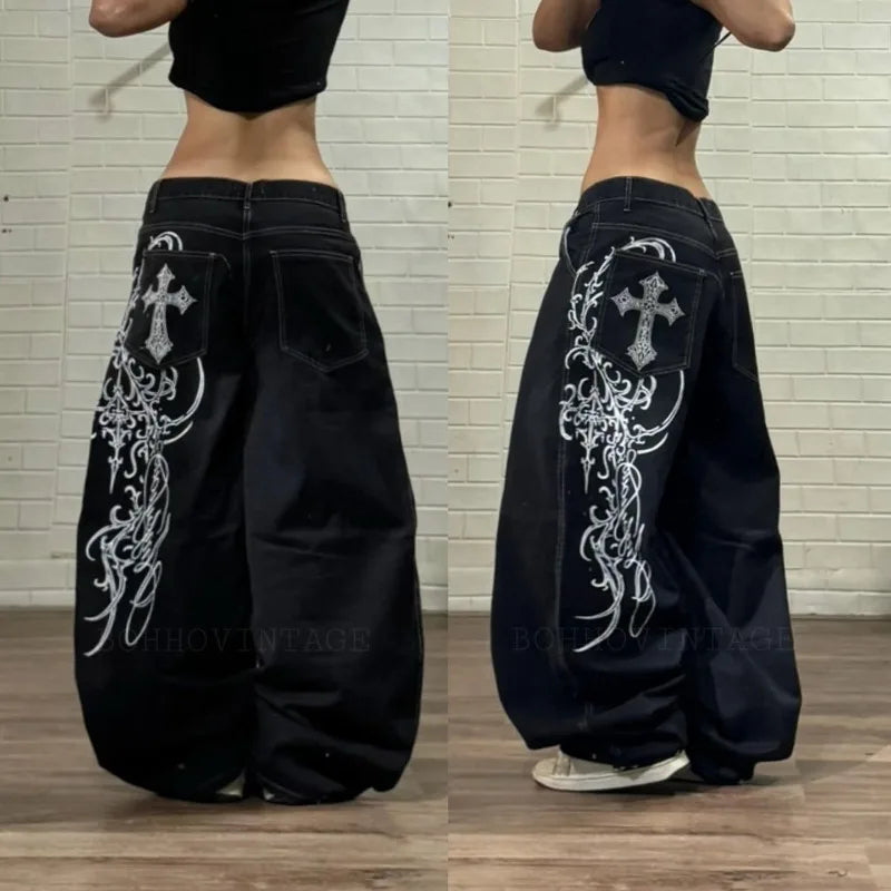 American Vintage Hip Hop New Blue Washed Pattern Printed Baggy Jeans Female