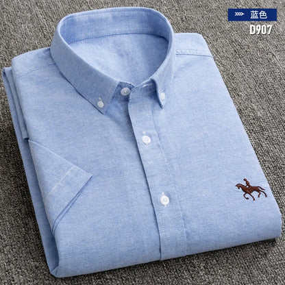 New Men's Social Shirt Short Sleeve 100% Pure Cotton Oxford Soft Buttoned Plaid Formal Male Clothes Pocket Social Shirt S-7XL
