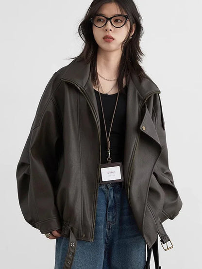 CHIC VEN Woman PU Jacket Solid Loose New Retro Standing Collar Motorcycle Faux Leather Coat Female Top Spring Autumn 2026