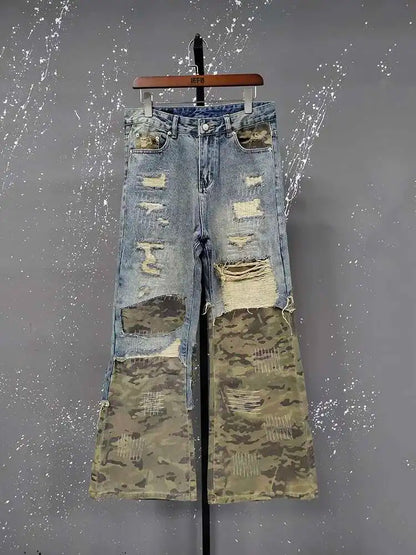 New 2026 High Street Men's Jeans Crewel Embroidery Camouflage Patchwork Hole Design Niche Washing Baggy Male Denim Pants