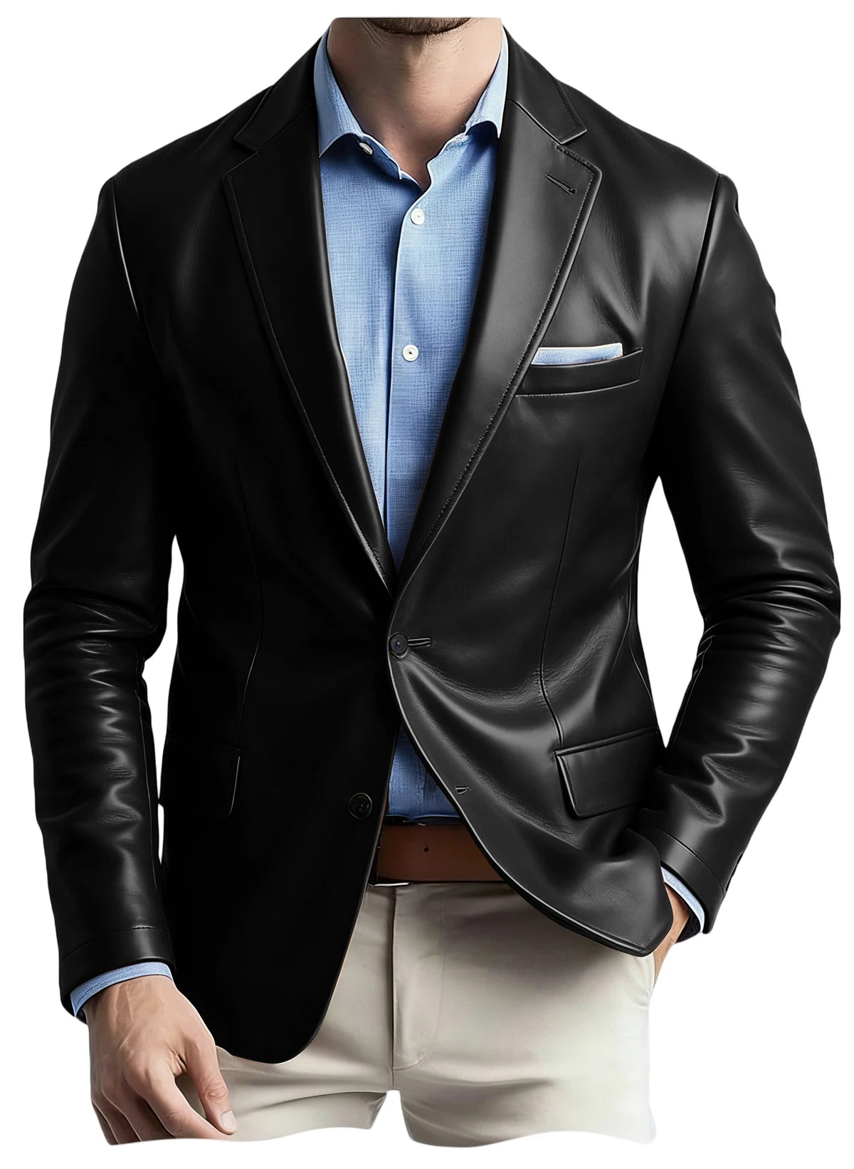 Men's Faux Leather Blazer Notch Lapel Flap Pockets Slim Fit Suit Jacket Coats For Casual Business Wedding Party