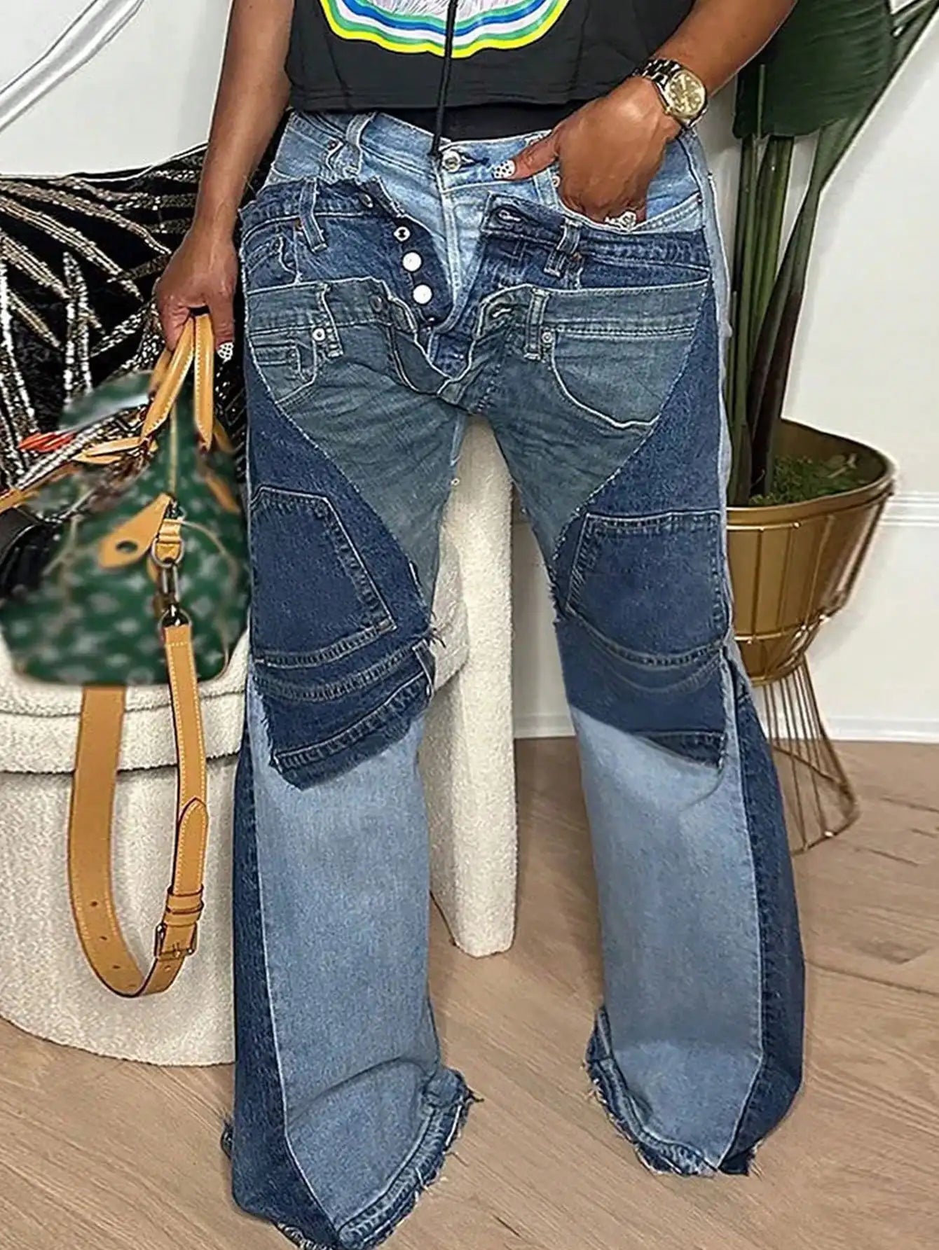 GLOURI Women's Flare Jeans, Vintage Washed High Stretch Deconstructed Denim Pants with Pockets, Casual Bell Bottom Jeans