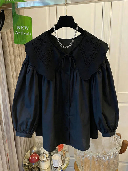 Women's Casual Loose Doll Collar Blouse, Elegant Lace Trim Peter Pan Collar Shirt, Sweet Daily Top for Spring Summer