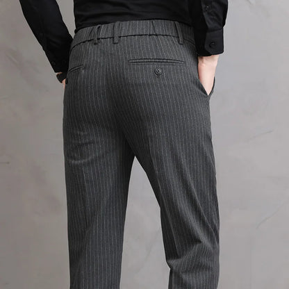 England Stripe Pattern Formal Dress Slim Fit Pants Men Summer Thin Light Gray Black Breathable Skinny Casual Trousers Male