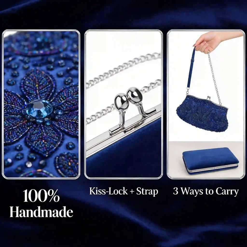 Evening Clutch Bag Handmade Beaded Floral Party Purse with Kiss Lock & Strap Glass Beads Polyester Blue Purple Grey