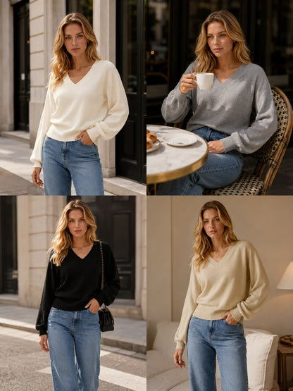 Batwing Sleeve V‑Neck Sweater for Women, Dolman Long Sleeve Ribbed Hem Cropped Knit Pullover, Loose Fit Casual Soft Knitted Jumper for Daily Office Fall Winter
