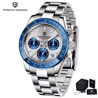 PAGANI DESIGN PD1644 Men's VK63 Quartz Chronograph Watch Sapphire Glass Stainless Steel 100M Waterproof Sport Wristwatch