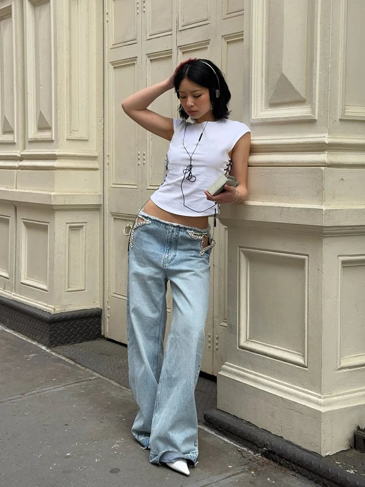 Y2K Rhinestone Fringed Jeans Women Low Waist Wide Legs Hollow Out Denim Pants Female 2026 Summer New Chic Soft Streetwears