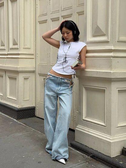 Y2K Rhinestone Fringed Jeans Women Low Waist Wide Legs Hollow Out Denim Pants Female 2026 Summer New Chic Soft Streetwears