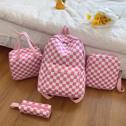 Checkerboard 4Pcs Backpack Set Crossbody &handbag &Pen Case Stitching Multi Pocket Adjustable Straps