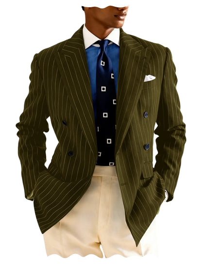 Men's Pinstripe Double Breasted Blazer Classic Peak Lapel Slim Fit Striped Suit Jacket For Party Prom Business Formal Coats