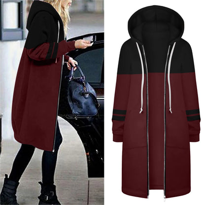 Women's Warm Zipper Long Outwears Solid Color Loose Fit Drawstring Sweatshirt Coat for Women
