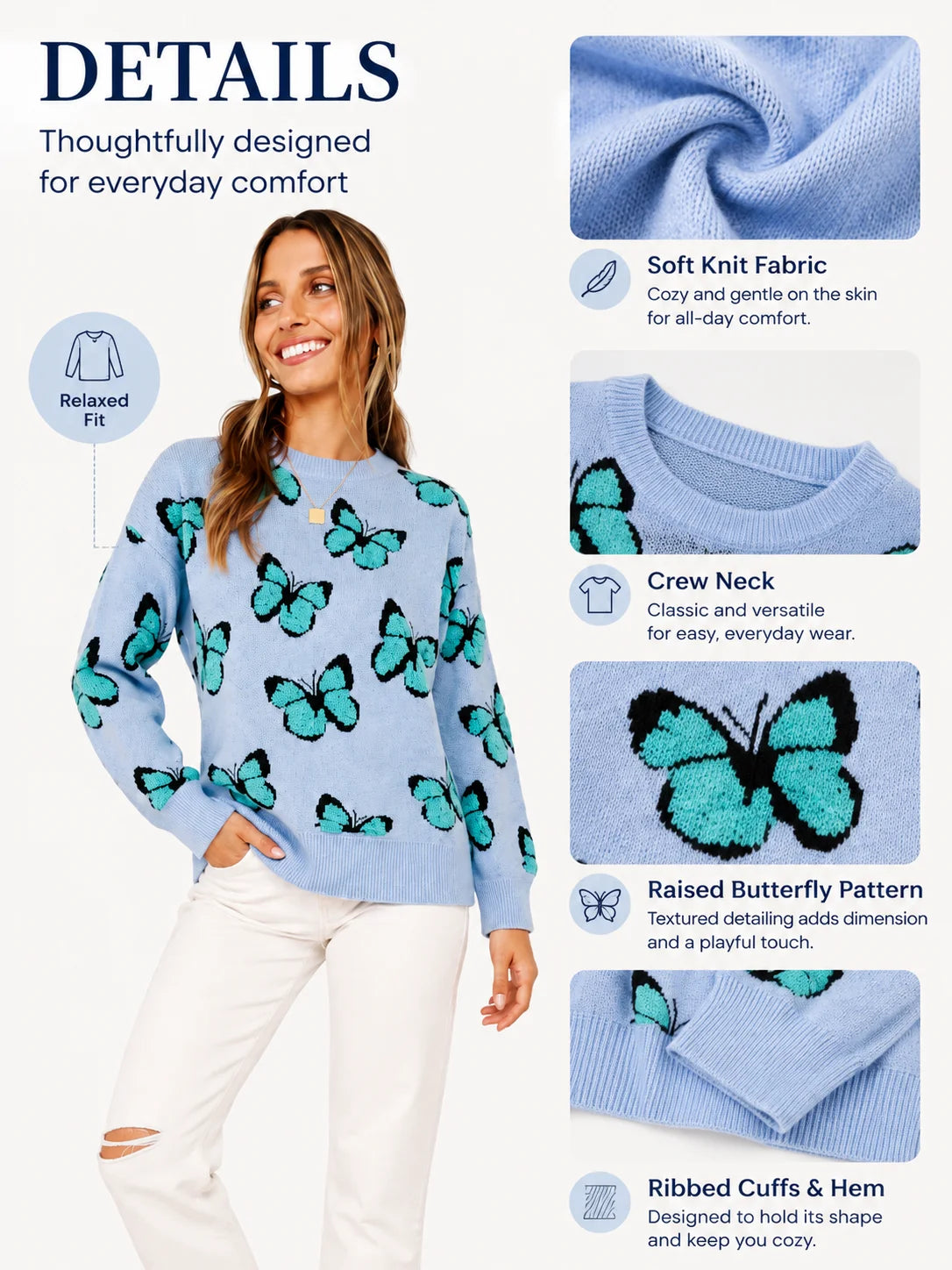 3D Flocking Butterfly Print Knit Sweater for Women Round Neck Drop Shoulder Long Sleeve Loose Pullover Casual Jumper Fall Winter Fashion Streetwear Tops